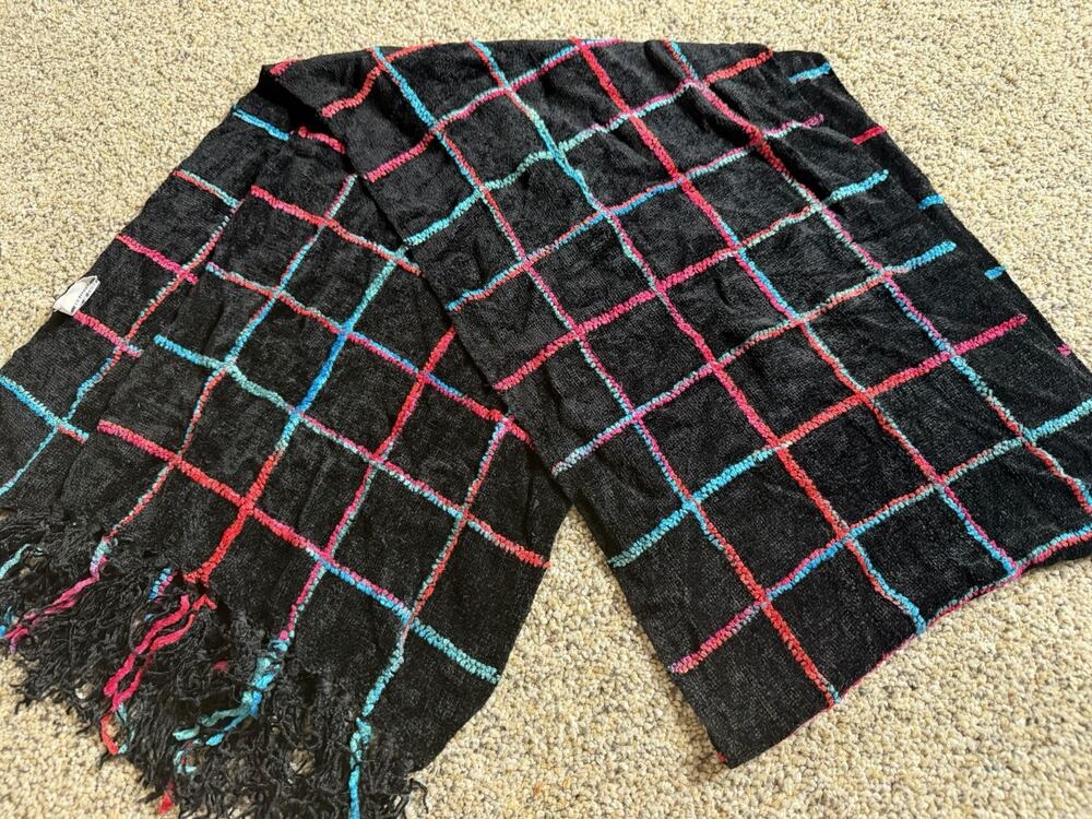 Isa & Stef Black Colorful Box Blue Pink Pattern Scarf Fringe 68in